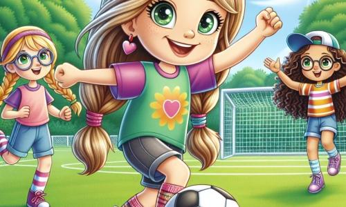 Een 8-jarig meisje, Lotte, met lang kastanjebruin haar en sprankelende groene ogen, glimlacht vrolijk terwijl ze een voetbal vasthoudt. Ze draagt een kleurrijk t-shirt en een short en staat op een grasveld, omringd door haar vrienden. Naast haar moedigt Emma, een ander 8-jarig meisje met vlechtjes en een bril, haar enthousiast aan, met de armen in de lucht. Iets verderop staat Noor, ook 8 jaar oud, met krullend haar en een achterstevoren pet, klaar om de bal naar het doel te schieten, met een vastberaden blik. De locatie is een buitenvoetbalveld, met witte lijnen op het groene gras en bomen op de achtergrond, onder een zonnige blauwe lucht. De belangrijkste situatie toont Lotte en haar vriendinnen die voetballen, klaar om een ander team uit te dagen, wat hun vastberadenheid illustreert om te bewijzen dat meisjes ook grote sporters kunnen zijn.