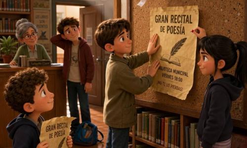 Nico, chico de 12 años, expresión concentrada y tranquila, cabello castaño corto y chaqueta kaki algo grande, sostiene con cuidado un gran cartel de papel amarillento que acaba de alisar; a su derecha, Alba, chica de unos 11 años, pelo negro en coleta y mirada traviesa, prepara una chincheta roja junto al corcho; a la izquierda y en primer plano, Tomás, chico de unos 12 años con pelo rizado y aire apenado pero entusiasta, muestra una copia arrugada del mismo cartel; detrás de Nico, cerca de la puerta, Luis, de unos 13 años, rostro sonrojado y aliviado, tiene una pequeña bolsa azul abierta a sus pies; la señorita Clara, mujer de unos 40 años de pelo gris recogido, sonríe desde su escritorio junto a una estantería de libros; lugar: acogedora biblioteca municipal con suelo de madera brillante, tablón de corcho y una ventana alta que deja entrar un rayo de sol; situación: momento calmado y alegre de reparación conjunta del cartel, con sensación de camaradería, papel arrugado contrastando con ropa colorida y detalles táctiles como el grano del corcho y los reflejos del madera.