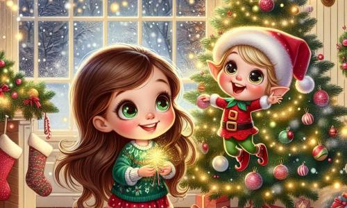 Ein fünfjähriges Mädchen namens Emma mit langen kastanienbraunen Haaren und strahlenden Augen steht vor einem großen Weihnachtsbaum, der mit glitzernden Girlanden und bunten Kugeln geschmückt ist. Sie lächelt voller Staunen, ihre Wangen sind vor Aufregung gerötet, während sie einen kleinen Elf mit schelmischem Lächeln an ihrer Seite entdeckt. Elfi, der kleine Elf, ist eine fröhliche Figur mit heller Haut, spitzen Ohren und einem rot-grünen Outfit, das mit Glöckchen verziert ist. Er springt vor Freude, seine Augen funkeln vor Schalk, während er einen goldenen Stern hält, den er gerade auf den Baum gesetzt hat. Der Ort ist ein gemütliches Wohnzimmer, das weihnachtlich dekoriert ist, mit funkelnden Lichtern, Socken, die am Kamin hängen, und einem flauschigen Teppich, der mit Schnee bedeckt ist, der durch die offene Tür hereinkommt. Draußen fallen sanft Schneeflocken und verleihen der Atmosphäre eine magische Note. Die Hauptsituation zeigt Emma und Elfi, die gemeinsam den Baum dekorieren, erfüllt von Freude und Aufregung, und einen Moment der Weihnachtsmagie teilen, umgeben vom Glanz der Lichter und festlichen Dekorationen.