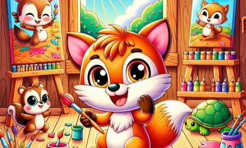 The illustration features a young fox with bright orange fur, big sparkling eyes filled with curiosity, and a joyful smile. He is painting on a canvas, his paws covered in colorful paint, as he attentively looks at his work with a sense of wonder. Next to him, a small brown squirrel with mischievous eyes jumps with excitement, holding a paintbrush in her tiny paw. She appears enthusiastic and encourages the fox with lively gestures. A little further away, a turtle with a green shell and gentle eyes moves slowly, observing the creative process with a serene smile, displaying calm and satisfaction. The main setting is a charming wooden studio filled with vibrant paint pots, brushes of all sizes, and blank canvases. Large windows let in sunlight, brightening the space with vivid colors and creating a warm atmosphere. The main scene shows the fox in the midst of artistic creation, surrounded by his friends, sharing a joyful moment of discovery and creativity. Other graphic elements include paint splatters on the floor, canvases hanging on the walls with drawings of camp animals, and sun rays filtering through the leaves of trees outside, adding a touch of magic to the illustration.