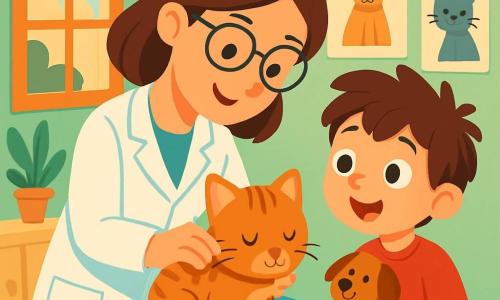 Eine Tierärztin, eine lächelnde und wohlwollende Frau in ihren Dreißigern, trägt einen weißen Kittel und eine Brille. Sie beugt sich aufmerksam über eine kleine getigerte Katze auf einem Untersuchungstisch und zeigt dabei eine konzentrierte und sanfte Miene. Neben ihr beobachtet ein 6-jähriger Junge namens Max mit weit aufgerissenen Augen und hält ein hundeförmiges Spielzeug in den Händen. Die Szene spielt sich in einer charmanten kleinen Tierarztpraxis ab, mit pastellgrünen Wänden, Tierpostern und verstreuten Spielzeugen auf dem Boden. Ein Fenster lässt Sonnenlicht herein, das den Raum erhellt. Die Tierärztin untersucht die Katze sorgfältig, während Max, neugierig, Fragen zur Tierpflege stellt und so eine Atmosphäre des Lernens und Entdeckens schafft.