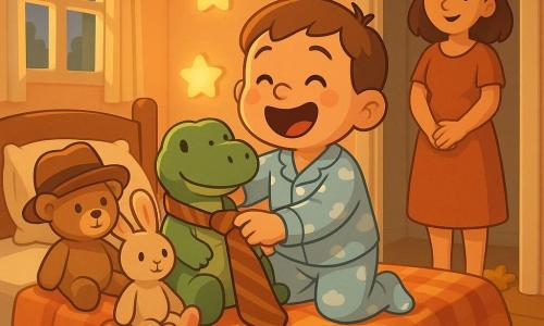 Bambino di 2 anni, viso rotondo e capelli castani corti, in pigiama azzurro chiaro con piccoli nuvola, sta mettendo una cravatta troppo grande a un dino di peluche sul letto; una mamma di circa 30 anni, capelli castani e sorriso tenero, in abito comodo con le mani giunte, è in piedi nell'anta della porta leggermente sullo sfondo a destra; un gattino grigio tigrato dorme accucciato ai piedi del letto con la coda avvolta; un orsetto marrone chiaro con un cappello troppo grande e un coniglietto beige con calzini rosa sono sul letto come compagni di gioco; stanza luminosa con pareti pesca, tappeto senape, lampade a forma di stella, peluche sparsi, coperta a quadri e finestra con tende leggere che lasciano entrare una luce serale morbida; scena comica e tenera: il bambino ride mentre veste goffamente i peluche con abiti da adulto, creando un piccolo disordine divertente e caloroso.