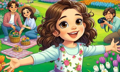 Una ragazza di 12 anni, Sofia, con i capelli castani ricci e gli occhi pieni di curiosità, si trova al centro di un giardino colorato, con un grande sorriso che illumina il suo viso. Indossa un vestito leggero a fiori, con le braccia aperte, come se stesse accogliendo la bellezza della primavera che la circonda. Accanto a lei, sua madre, una donna di circa 35 anni con capelli lunghi e lisci, indossa una blusa pastello e sta scattando foto dei fiori vivaci, con uno sguardo ammirato. Un po' più in là, suo padre, un uomo di circa 40 anni con una barba ben curata e un cappello di paglia, sta preparando un picnic su una tovaglia a quadretti, sorridendo mentre guarda sua figlia. Il luogo è un giardino lussureggiante, pieno di tulipani, narcisi e giacinti, dove i colori vivaci si mescolano sotto un cielo azzurro. Farfalle svolazzano tra i fiori, aggiungendo un tocco di magia alla scena. Sofia partecipa a una danza gioiosa con altri bambini, tutti vestiti a colori, celebrando l'arrivo della primavera lanciando petali di fiori in aria, creando un'atmosfera festosa e piena di vita.