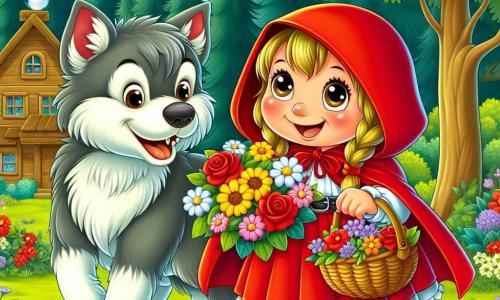 Cappuccetto Rosso, una bambina gioiosa di circa 8 anni, indossa un mantello rosso vivo che brilla sotto il sole. Ha grandi occhi scintillanti di curiosità e un sorriso radioso, mentre tiene un cesto pieno di dolci. Si trova in una radura soleggiata, circondata da fiori colorati e alberi maestosi. Accanto a lei c'è un lupo amichevole, grande e robusto, con pelo grigio e occhi dolci. Si piega leggermente verso Cappuccetto Rosso, con un'aria entusiasta, come se le mostrasse un magnifico mazzo di fiori che ha appena trovato. Sullo sfondo si vede una piccola casa di legno con un camino fumante, appartenente alla nonna di Cappuccetto Rosso, circondata da un giardino fiorito e alberi verdi. La scena principale mostra Cappuccetto Rosso e il lupo che ridono e si divertono insieme, mentre raccolgono fiori per preparare un bel mazzo da offrire alla nonna, illustrando così l'amicizia inaspettata che si sviluppa tra loro.