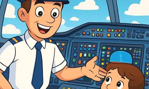 Ein Mann, der Pilot Tom, steht im Cockpit eines großen Flugzeugs mit einem breiten Lächeln auf seinem Gesicht und funkelnden Augen vor Aufregung. Er trägt ein makelloses weißes Hemd, eine blaue Krawatte und eine Pilotenmütze mit einem goldenen Abzeichen. Seine braunen Haare sind sorgfältig frisiert, und er hält ein Armaturenbrett voller bunter Knöpfe. Neben ihm steht Mia, ein zehnjähriges Mädchen mit lockigem, kastanienbraunem Haar und einem bewundernden Blick. Sie trägt ein leuchtend gelbes T-Shirt und einen kleinen Rucksack. Sie beobachtet fasziniert die Instrumente im Cockpit. Das Cockpit ist hell und modern, mit großen Fenstern, die einen spektakulären Blick auf den blauen Himmel mit weißen Wolken bieten. Die Instrumentenlichter blinken, und die Atmosphäre ist von sanfter Aufregung erfüllt. Die Hauptsituation zeigt Tom und Mia, die sich auf einen wichtigen Flug vorbereiten. Tom erklärt begeistert, wie er das Flugzeug steuern wird, während Mia aufmerksam zuhört, mit bewundernden Augen.