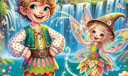 Un principe sorridente, di nome Filippo, di circa 10 anni, si trova al centro dell'immagine. Ha capelli biondi ricci, occhi vivaci e indossa una tunica colorata decorata con motivi floreali. Sta ridendo, con le braccia alzate, in una posa gioiosa, come se avesse appena fatto uno scherzo. Accanto a lui, una piccola fata di nome Piumetta, di circa 8 anni, fluttua nell'aria. Ha ali iridescenti che brillano di mille colori, un piccolo cappello a punta e un vestito fatto di petali di fiori. Sorride con entusiasmo, tenendo una bacchetta magica scintillante. Sullo sfondo si vede la magnifica Cascata delle Risate, una cascata con acque cristalline che scendono da rocce coperte di rampicanti fioriti. Risate incantate sembrano emanare dall'acqua, creando un'atmosfera gioiosa e magica. La scena principale mostra Filippo e Piumetta mentre cercano la bacchetta magica perduta della fata, circondati da risate e colori vivaci, mentre un piccolo gnomo con la barba lunga e il cappello rosso li osserva ridendo, nascosto dietro una pietra.
