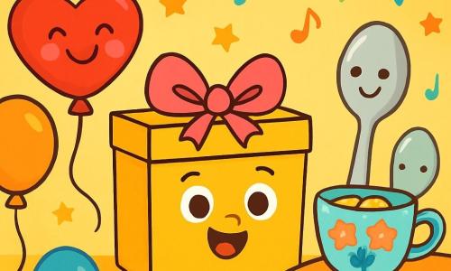 Bibi, una gioiosa scatola con grandi occhi rotondi e un sorriso splendente, è al centro della scena, circondata da decorazioni colorate. Indossa un bel fiocco rosa e sembra molto eccitata, i suoi occhi brillano di felicità. Pio, un palloncino rosso a forma di cuore, fluttua appena sopra Bibi, con un grande sorriso e guance rosa, sta danzando gioiosamente nell'aria. Tea, una tazza azzurra con motivi floreali, è appoggiata su un tavolo con biscotti dorati, mostrando un'espressione dolce e amichevole. Leo, un cucchiaio lucido, si trova accanto a Tea, con un'aria giocosa, pronto a battere il ritmo della musica. La scena si svolge in una camera luminosa e festiva, decorata con ghirlande colorate e piccole stelle di carta che cadono dolcemente dal soffitto. Palloncini fluttuano intorno e un grande tavolo è pieno di dolci. Bibi e i suoi amici stanno preparando una festa di compleanno gioiosa, con risate, danze e preparativi colorati, creando un'atmosfera magica e piena di felicità.