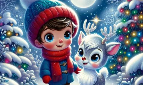 Un niño de 6 años, Tomás, con una cara redonda y mejillas rosas, lleva una bufanda roja brillante y un gorro de lana azul. Tiene ojos chispeantes de curiosidad y una sonrisa maravillada mientras observa copos de nieve que giran a su alrededor. A su lado, un renito mágico, Brilli, con un pelaje plateado brillante y una pequeña estrella dorada en la nariz, le guiña un ojo amistoso. El escenario es un jardín de ensueño, cubierto de un espeso manto de nieve brillante, con árboles cuyas ramas están cargadas de nieve y luces de colores que brillan en la noche. La luna ilumina la escena con una suave luz plateada, añadiendo un toque de magia. La situación principal muestra a Tomás y Brilli, listos para aventurarse juntos en el misterioso Bosque de los Mil Brillos, donde los árboles cantan y los copos bailan, llenos de emoción y promesas de una increíble aventura navideña.