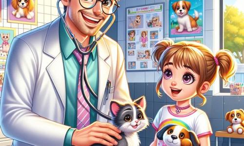 Ein lächelnder und herzlicher Tierarzt, Dr. Felix, trägt einen großen weißen Mantel und runde Brillen. Er hat unordentliche braune Haare und funkelnde Augen, während er sich zärtlich über ein kleines graues Kätzchen beugt, das auf dem Untersuchungstisch liegt. Neben ihm steht ein 8-jähriges Mädchen, Mia, mit blonden Zöpfen und einem bunten T-Shirt, das den Tierarzt mit Staunen betrachtet. Sie hält ein plüschiges Hundespielzeug in ihren Armen, und ihr Gesicht drückt Neugier und Aufregung aus. Der Raum ist eine helle Tierarztpraxis, gefüllt mit bunten Postern über Tierpflege. Tier-Spielzeuge liegen verstreut auf dem Boden, und ein Fenster lässt Sonnenlicht herein, das den Raum in eine warme Atmosphäre taucht. Die Hauptsituation zeigt Dr. Felix, der das Kätzchen mit einem Stethoskop untersucht, während Mia aufmerksam zuschaut, gespannt darauf zu lernen, wie man sich um Tiere kümmert.