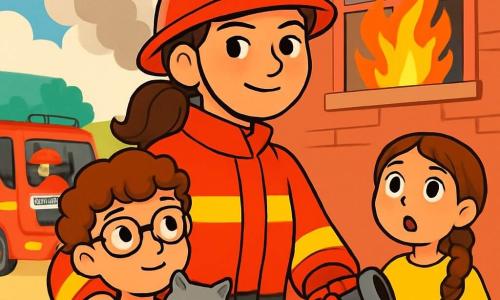 Een jonge vrouwelijke brandweerman, Noor, met bruin haar in een paardenstaart, draagt een felrode uniform en een veiligheidshelm. Ze heeft een vastberaden en moedige blik, met een lichte glimlach van trots op haar gezicht. Naast haar staat een 8-jarig jongetje, Samuel, met krullend haar en een bril, die een klein kattenknuffel vasthoudt en Noor bewonderend aankijkt. Een ander kind, Jade, een 12-jarig meisje met een lange vlecht, staat iets op de achtergrond met verwonderde ogen. De scène speelt zich af voor een groot gebouw van rode baksteen, waar rook uit een raam op de tweede verdieping komt. Brandweermannen zijn druk in de weer en vlammen dansen binnenin. Noor, met een brandslang in haar hand, bereidt zich voor om het gebouw binnen te gaan om een vastzittende kat te redden, terwijl de kinderen op de achtergrond kijken met een combinatie van angst en opwinding.
