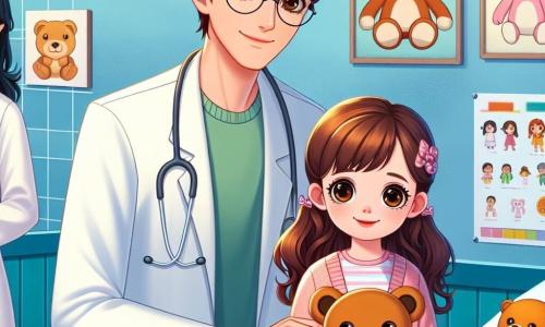 O Dr. Miguel é um homem de cerca de trinta anos, com cabelos castanhos e óculos redondos. Ele usa um jaleco branco que flutua levemente ao seu redor, e seu rosto expressa uma determinação bondosa enquanto examina uma menina. Sofia, uma garota de oito anos, tem longos cabelos castanhos e olhos brilhantes, mas mostra uma leve preocupação em seu rosto. Ela está sentada em uma mesa de exame, segurando um brinquedo de pelúcia, enquanto sua mãe, uma mulher de cerca de trinta anos com cabelos negros e um olhar preocupado, está ao seu lado, com a mão em seu ombro para confortá-la. A cena acontece em uma clínica colorida, com paredes pintadas de azul céu e ilustrações de animais sorridentes. Cartazes educativos estão pendurados, e brinquedos estão espalhados em uma mesa próxima, criando uma atmosfera acolhedora. O Dr. Miguel explica calmamente a Sofia como ele a ajudará a respirar mais facilmente, mostrando que ela está segura.