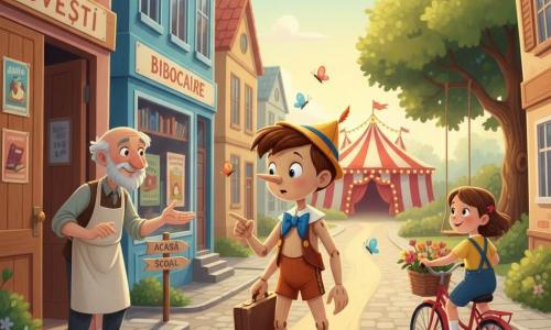 Pinocchio este un băiat din lemn cu articulații mari vizibile, lemn lustruit deschis, nas subțire, ochi rotunzi strălucitori și expresie curioasă și ezitantă; ține o mică valiză din piele și arată spre trei drumuri. Geppetto este un bărbat în vârstă cu păr gri și șorț, zâmbet blând și palme deschise, stând în pragul unei uși de lemn la stânga, privind cu binevoință spre Pinocchio. În dreapta, o fetiță de circa 7 ani trece cu bicicleta roșie cu coș cu flori și zâmbește privind scena. Locul: o stradă pietruită însorită cu case colorate, o bibliotecă cu fațadă albastră și ferestre mari, un parc verde cu un stejar mare și o leagănă și în depărtare un cort de circ roșu și alb luminat. Situația principală: Pinocchio la răscrucea celor trei drumuri în lumina caldă a dimineții, culori vii, steag ușor în vânt și fluturi în jur, tensiune blândă între curiozitate și alegere.