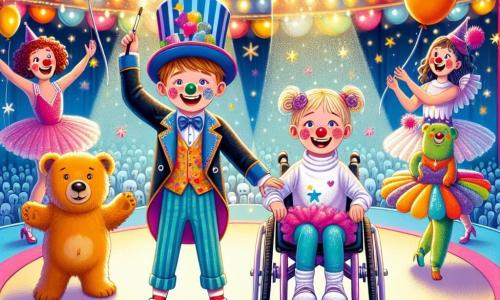 In a colorful circus tent, an 8-year-old boy named Sam, wearing a funny hat and a bright smile, stands in the center with his arms open, ready to become a star. Next to him, a 7-year-old girl named Zoe, in a shiny purple wheelchair, enthusiastically claps, her eyes sparkling with joy. The tent is filled with twinkling lights, colorful balloons, and amazed spectators. Clowns with red noses and bright costumes dance around them, while a pink tutu-wearing bear twirls nearby, adding a touch of magic to the scene. The main focus shows Sam and Zoe, surrounded by laughter and applause, ready to take the stage for their special act, with a mysterious magician in the background raising his wand to transform them into circus stars.