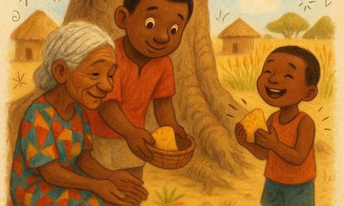 A young man named Kofi, round-faced with a shy smile, bright eyes and chocolate skin, holds an open small wicker basket and offers a piece of millet cake; an elderly woman, Nana Ama, about 70 with fine white braids and gentle wrinkles, sits at the base of a massive baobab to Kofi's left and accepts a share with a kindly smile; a barefoot six-year-old boy with short hair stands to Kofi's right applauding while holding the larger piece, shoes worn nearby; the village square under the baobab has sandy ground, a few clay huts and golden millet fields in the background, and the scene shows the warm communal sharing of the last cake with Kofi splitting it in two, one half for Nana Ama and one for the boy, in warm ochre, red and yellow tones.