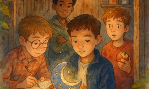 Four 12-year-old boys: Jayden, short brown hair, navy jacket, gently holding a moon-shaped metal box at the center front-left with a serious but kind look; Milo, light brown hair, red hoodie, mouth slightly open as if relieved, holding a bitten apple to Jayden’s right and slightly back; Theo, curly black hair, khaki jacket, arms crossed with a smirk, standing center-rear behind Jayden; Finn, pale, round glasses, plaid shirt, notebook open and pencil in hand taking notes, left near Jayden leaning toward the box. A small wooden shed at the back of a garden with worn boards, tools on the walls, stacked paint pots, warm lamp light casting long shadows, framed by leaves and scattered apples on the ground. The four young investigators discover the metal collection box hidden under dusty paint pots—a revelation moment with subtle watercolor splashes around the box, soft reflections on the metal, and mixed expressions of relief, shame, and empathy.