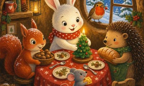 Bella Bunny, a small white rabbit with long soft ears and a pink nose wearing a red polka-dot scarf, places a tree-shaped candle at the center of a wooden table; a red squirrel with twinkling eyes and snowy cheeks holds a bowl of hazelnuts to her left; a shy brown hedgehog with soft quills holds a warm loaf to the right near a low chair; a curious gray mouse with round ears perches on the red snowflake tablecloth holding a piece of cheese in front of Bella; a bright-bellied robin sits on the windowsill with a berry in its beak; cozy burrow interior with a rustic wooden table, star-folded red cloth, painted plates, shiny spoons, a lit candle casting golden light, and a round window showing snowy pines outside — a warm Christmas scene of friends sharing food and smiles in gouache-like thick textures and warm colors.