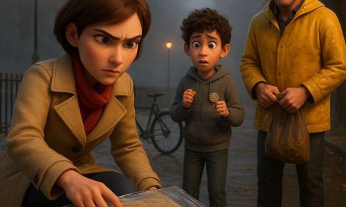 A calm, focused female detective in her early 30s with a determined face, short chestnut hair, a fitted beige trench coat and red scarf crouches to reach for a large wet register wrapped in a clear plastic bag. Behind her, Theo (about 12), anxious but brave, with curly hair and a gray hoodie and a volunteer badge, watches near a bike leaning against a fence, clenching his fists. A tired-faced, smug man, Cal (about 40), in a bright yellow wet-stained raincoat stands a few paces away under a large tree with hands in a bag, nervous and defiant. The scene is a gray riverside alley with wet cobbles reflecting streetlights, a slightly rusted metal gate, bike rack and stuck leaves, light mist over the water; droplets hang in the air and wet folds show on the plastic, the golden streetlight reflecting on Cal’s coat. Visual style: soft colorful 3D render, realistic textures (drops, fabric, rust), clear readable expressions, close compositions with depth of field, slightly dramatic but child-appropriate.
