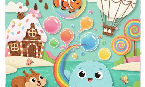 Wobby, klein rond donzig wezen met grote glanzende ogen en lange fonkelende regenboogstaart die enorme kleurige bellen blaast; Nibbles, klein bruin eekhoorntje met pluizige vacht en een chocoladekoekje, staat op een snoeproots en kijkt naar de bellen; twee slanke kleurrijke vlinders dansen rond de bellen; een vliegende clownvis springt uit een regenboogbel boven de groep. Locatie: oever van een turquoisegroen glinsterend meer, op de achtergrond een snoephuis met glazuurdak en gebarsten chocolade muren, rechts een lollyboom en een roze wolk die chocolade druppels laat vallen. Situatie: absurd vrolijke scène waarin de reuzenbellen de clownvis optillen en de vlinders doen tollen terwijl Nibbles de chocoregen opvangt met een grote marshmallowluchtballon. Visuele stijl: eenvoudige contrasterende vormen, gelaagd textuurpapier met licht gescheurde randen, felle verzadigde kleuren, zachte vlakke schaduwen, vrolijke komische sfeer.
