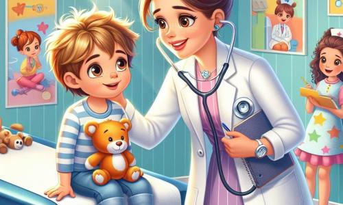 La doctora Clara, una mujer de unos treinta años con el cabello castaño recogido en un moño, lleva una bata blanca y un estetoscopio alrededor del cuello. Sonríe cálidamente mientras se inclina hacia un niño pequeño, Leo, de aproximadamente 7 años, con el cabello rubio desordenado y ojos azules llenos de preocupación. Leo, sentado en una mesa de examen, mira a Clara con esperanza, sosteniendo un peluche en sus brazos. Junto a Clara está Ana, una enfermera alegre de unos veinte años, con cabello rizado y un uniforme colorido. Ella sonríe y sostiene un cuaderno en el que dibuja estrellas para distraer a Leo, manteniéndose un poco apartada pero lista para intervenir. La escena transcurre en una clínica luminosa y acogedora, con paredes pintadas en colores pastel, carteles de dibujos animados sobre salud y juguetes esparcidos por el suelo. Una ventana deja entrar la luz del sol, creando una atmósfera cálida. Clara examina a Leo con su estetoscopio, explicando calmadamente lo que hace, mientras Ana, con una gran sonrisa, intenta hacer reír a Leo mostrándole sus dibujos.