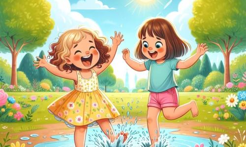 Dos niñas, Lola y Ana, están en el centro de la imagen. Lola, de 7 años, tiene el cabello rizado castaño y lleva un vestido amarillo con flores. Está saltando en un gran charco, salpicando agua a su alrededor con una gran sonrisa. Ana, también de 7 años, tiene el cabello liso rubio y lleva una camiseta azul con un short rosa. Está justo al lado de Lola, riendo a carcajadas mientras se prepara para saltar en el charco. El fondo es un parque soleado, con grandes árboles verdes, flores coloridas y un cielo azul con algunas nubes blancas. La situación principal muestra a las dos amigas divirtiéndose juntas, saltando en el charco y riendo, creando una atmósfera alegre y llena de vida.