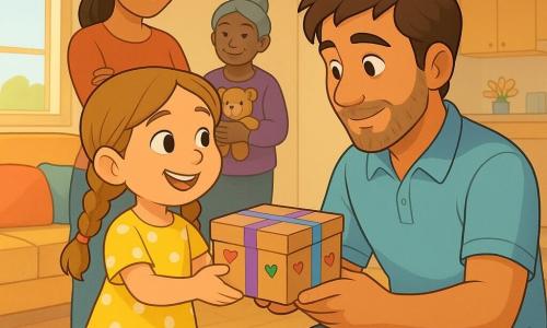 Menina de 6 anos, rosto redondo, cabelo castanho-claro em duas tranças, sorridente e orgulhosa, segura uma pequena caixa de cartão decorada com fitas coloridas; veste um vestido amarelo com bolinhas brancas e meias listradas, o pai (cerca de 35 anos, barba rala, cabelo castanho bagunçado) ajoelhado diante dela, emocionado e sorrindo, segura uma tesoura ajudando a terminar a decoração; a mãe (cerca de 33 anos, cabelos longos presos) observa ao fundo da sala com um sorriso terno, mãos cruzadas no peito; a avó (cerca de 60 anos, cabelos grisalhos em coque) está perto da porta, rindo suavemente e segurando um ursinho de pelúcia; cena numa cozinha-sala iluminada com chão de madeira clara, mesa redonda, almofadas coloridas no sofá e raios de sol projetando sombras suaves no tapete; sobre a mesa papéis, lápis de cor, rolos de fita adesiva brilhante em violeta, verde e rosa e uma caixa aberta com corações desenhados à mão; atmosfera acolhedora, paleta viva e pastel, luz suave da manhã, texturas lisas e contornos nítidos em estilo cel-shading 3D cartoon, foco na caixa decorada e no olhar cúmplice entre a menina e o pai, composição centrada e íntima com leve profundidade de campo.