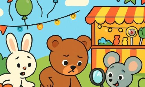 Ein kleiner Teddybär mit weichem braunem Fell und funkelnden Augen steht entschlossen und etwas besorgt in der Mitte der Szene und sucht den Boden nach Hinweisen ab. Rechts von ihm schaut eine kleine graue Maus mit großen runden Ohren und einem schelmischen Lächeln aufgeregt umher, während sie eine Lupe in ihren kleinen Pfoten hält. Links sieht ein großer weißer Hase mit weit aufgerissenen Augen verwirrt aus, während er in einem bunten Busch herumwühlt. Der Ort ist ein fröhliches Festival, gefüllt mit bunten Ballons, die am blauen Himmel schweben, Süßigkeitenständen und glitzernden Lichtergirlanden. Die Hauptsituation zeigt die drei Freunde bei ihrer Ermittlung, während sie den verlorenen Ballon zwischen dem Lachen und den strahlenden Farben des Festivals suchen.