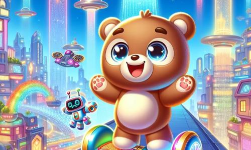 Een kleine teddybeer met een zachte bruine vacht en grote glanzende ogen, vliegt vrolijk op een kleurrijke hoverboard, met een stralende glimlach en een opgewonden uitdrukking. Naast hem zweeft een klein robotje met ronde vormen en knipperende lichten, met een verwonderde uitdrukking, in de lucht met zijn armen omhoog in vreugde. De scène speelt zich af op de top van een hoge futuristische toren, omringd door glinsterende gebouwen in felle kleuren, met hangende tuinen en vliegende voertuigen in de blauwe lucht. Multikleurige lichten verlichten het landschap en creëren een feestelijke en magische sfeer. In deze hoofdscène hebben de beer en de robot net de Grote Glimlamp aangestoken, die fel straalt en de stad Glimlassia verlicht, terwijl het de lucht vult met vreugde en verwondering.