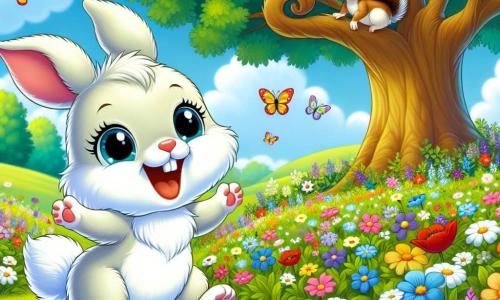 An illustration depicts a small rabbit with soft white fur and bright, curious eyes joyfully hopping in a colorful flower field. It has a big smile, expressing excitement and joy for the adventure. Nearby, a small squirrel with brown fur and a bushy tail climbs a tree branch, looking at the rabbit with a playful grin, eager to join the fun. The main setting is a vast green meadow dotted with vibrant flowers: red poppies, yellow daisies, and purple violets. A majestic oak tree stands in the center, providing shade and shelter. The scene shows the rabbit and squirrel preparing for a spring treasure hunt, surrounded by their excited animal friends. Other graphic elements include colorful butterflies fluttering around the flowers, birds singing in the trees, and a clear blue sky with fluffy white clouds, creating a cheerful and playful atmosphere.