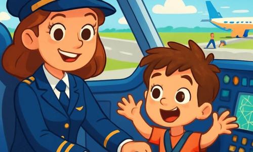 A female pilot, Captain Lucy, with a radiant smile and sparkling eyes, wears a blue uniform with shiny gold buttons and a hat adorned with small wings. She stands in the cockpit of a large white and blue airplane, surrounded by colorful buttons and bright screens, ready for takeoff. Beside her is a little boy named Max, about 7 years old, with messy brown hair and wide, amazed eyes, watching the flight instruments with fascination. They are seated in the cockpit, Lucy on the left, Max on the right, both strapped in with their seatbelts. The cockpit is filled with light, featuring large windows that offer a spectacular view of a blue sky dotted with fluffy white clouds. In the background, the airport runway can be seen, with other colorful airplanes and people moving with suitcases. The main scene shows Captain Lucy pushing the throttle, ready to take off Sky Bird, while an excited Max encourages her with enthusiastic gestures.