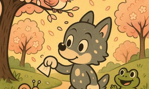 Die Hauptfigur ist ein kleines anthropomorphes Wolfskind mit weichem grauem Fell und weißen Flecken, runden schelmischen Augen und zarter, entschlossener Mimik; es hebt behutsam ein Papier mit der Pfote unter einem blühenden Baum auf, rechts auf dem Teichrand sitzt eine runde grüne Froschfigur, die freudig klatscht, links beobachtet eine schimmernde Schnecke mit perliger Schale auf einem Stein die Szene, über dem Wolf sitzt ein rosa-weißes Singvögelchen und neigt aufmunternd den Kopf; Ort: ein von weiß- und rosablühenden Bäumen gesäumter Gehweg mit fallenden Blütenblättern, einem funkelnden Teich, zartgrünen Blättern und goldenen Sonnenstrahlen bei Sonnenuntergang; Handlung: der Wolf macht eine schützende, sanfte Geste, hebt das Papier auf, um die Natur sauber zu halten, mit Blütenblättern im Fell, friedliche, warme Stimmung; Stil: lebendige Pastellfarben, dicke schwarze Konturen im Rubber‑hose‑Look, runde einfache Proportionen, leicht körnige Textur für ein retro-kindliches Erscheinungsbild.