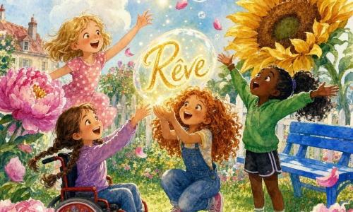 Vier meisjes: Anna (9) met kastanjebruin haar in vlechten, lachtend, zit in een kleine rode rolstoel met bloemen linksvoor en reikt naar het lichtende woord; Lisa (9) met kort blond haar en sproeten, gestippelde jurk, staat achter Anna links op haar tenen; Noor (8) met zwart haar in staartjes, groen truitje en sportieve outfit rechts van Anna, armen wijd en verwonderd naar de lucht kijkend; Eva (9) met rood krullend haar en blauwe tuinbroek houdt het glanzende woord voorzichtig in het midden terwijl ze licht hurkt. Locatie: zonnige dorpstuin met groene grasmat, overdreven grote bloemen (pioenen en zonnebloemen dubbel zo groot als een kind), witte houten schutting, felblauw bankje en pastelkleurige aquarelhemel met wolken in bubbelvorm. Situatie: een klein lichtgevend woord in gouden zwevende letters daalt als een fonkelende bel naar de meisjes; sfeer absurd en speels met verzadigde kleuren, zachte schaduwen, aquarelachtige lijnen, glinsterende deeltjes rond het woord, draaiende vallende bloemblaadjes en uitgesproken verwondering op hun gezichten.