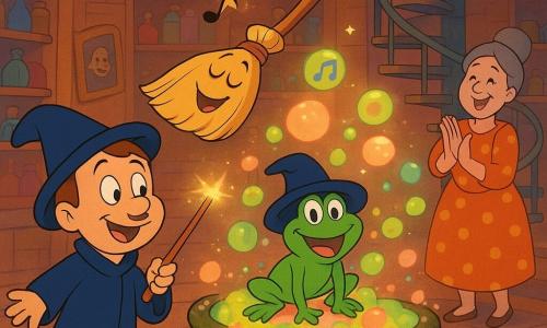 Il protagonista è un giovane stregone di circa 40 anni, viso rotondo, baffi discreti, berretto storto, espressione gioiosa e maliziosa, che tiene una bacchetta scintillante e osserva un grande calderone muschiato dal quale fuoriesce una schiuma colorata e luminosa che forma bolle musicali; la rana Rubina, femmina, verde lucida con occhi tondi e divertiti, indossa il cappello dello stregone e salta sul bordo ridendo; la scopa volante, oggetto animato con occhi dipinti e sorriso, volteggia fischiettando; la preside Zucca, donna di circa 50 anni con i capelli raccolti e una veste a pois arancioni, applaude dall’alto di una grande scala a chiocciola metallica dietro il calderone; l’ambientazione è l’interno di una scuola di magia, grande sala circolare con pareti coperte da scaffali di barattoli colorati, ritratti sorridenti e pavimento piastrellato lucido; scena finale festosa con tutti che ridono e cantano, colori caldi, texture morbide, luce soffusa e brillantini, stile grafico cartone animato anni ’90, colori saturi e contorni netti.