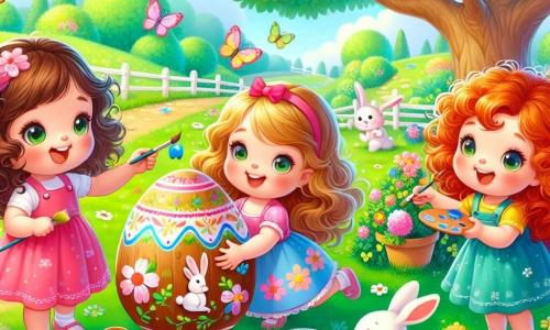 In un giardino soleggiato, tre bambine di tre anni sono impegnate in un'attività. Mia, con i capelli castani e ricci, indossa un vestito rosa e tiene una tavolozza di colori, decorando un grande uovo di legno con motivi floreali. Accanto a lei, Lila, con i capelli biondi e lisci, indossa un vestito blu e sorride con un pennello in mano, pronta ad aggiungere colori vivaci a un uovo a forma di coniglio. Infine, Sara, con i capelli rossi e ricci, indossa un vestito giallo e si inginocchia vicino a un cespuglio, scoprendo un uovo di cioccolato nascosto, con gli occhi brillanti di eccitazione. Il giardino è pieno di fiori colorati, farfalle svolazzanti e un grande albero con foglie verdi. Sullo sfondo, un cielo blu chiaro illumina la scena, creando un'atmosfera gioiosa e primaverile. Le tre amiche stanno preparando una caccia alle uova di Pasqua, ridendo e divertendosi mentre decorano i loro uova e cercano sorprese di cioccolato nascoste nel giardino magico.