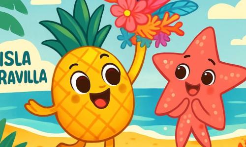 Coco la Piña, una pequeña piña sonriente con piel dorada y una brillante corona verde, baila alegremente en la playa, con sus hojas vibrando al viento. Sus grandes ojos marrones brillan de emoción mientras sostiene una hermosa corona colorida hecha de plumas, corales y flores. A su lado, Lili la Estrella de Mar, una estrella de mar rosa con cinco brazos brillantes, aplaude con entusiasmo, sus ojos resplandecen de felicidad. La escena transcurre en la playa de Isla Maravilla, donde banderines coloridos flotan en el aire, tambores de madera resuenan y cangrejos bailan sobre la arena dorada. Coco y Lili, rodeadas de sus amigos, preparan su corona de la amistad para el carnaval, llena de risas y magia.