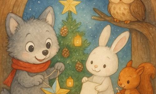 Un pequeño lobo gris (cachorro) de rostro redondo y ojos grandes sostiene una estrella de papel dorada y azul mientras la ata con un hilo; a su lado un conejo blanco de orejas largas mantiene el papel, una ardilla roja con cola esponjosa aplica resina con una piña nevada, un búho pardo observa desde una rama; un pequeño abeto decorado con piñas y tarros-vela emite luz cálida que ilumina la acogedora guarida de madera con suelo de tablas y paja y la nieve visible en la puerta; la escena muestra la colocación final de la estrella en el árbol, gesto colaborativo, calma festiva y colores pastel con toques de blanco brillante.