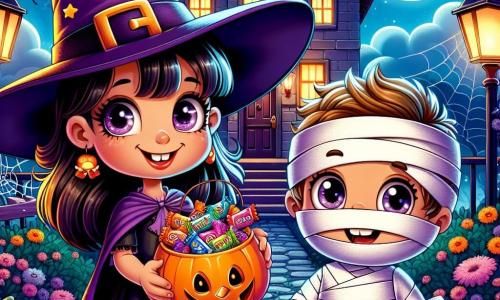 Una niña de 6 años, Lucía, lleva un disfraz de bruja con un gran sombrero negro y una capa violeta. Su rostro brilla con una sonrisa traviesa y sus ojos reflejan emoción mientras sostiene una pequeña caja naranja llena de caramelos. Junto a ella, su amigo Tomás, también de 6 años, está disfrazado de momia, envuelto en papel higiénico blanco, con ojos redondos y curiosos. Están frente a una casa decorada con telarañas y calabazas sonrientes, bajo un cielo nocturno estrellado donde brilla la luna. La escena muestra a Lucía y Tomás listos para tocar la puerta de una casa espeluznante, rodeados de un ambiente festivo y misterioso, lleno de farolillos brillantes y risas de niños.