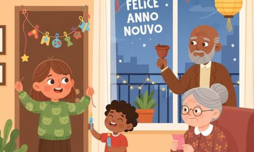 Bambina di 8 anni, capelli castani in due trecce, volto rotondo, occhi brillanti, sorriso dolce, maglione verde con gatti, gioiosa e concentrata, tiene una ghirlanda di carta con lettere sopra la porta; suo fratellino di 6 anni, capelli ricci, espressione ridanciana, maglietta rossa, tiene una piccola candela blu e la guarda; nonna di circa 70 anni, capelli grigi raccolti, occhiali sottili, abito a fiori, seduta vicino a un tavolo con un biglietto rosa, sorride teneramente; vicino di casa anziano, uomo intorno ai 65 anni con barba corta e cappotto marrone, tiene una vecchia campanella metallica arrugginita vicino alla finestra; salotto caldo e animato con finestra sul balcone, luci soffuse, tavolo pieno di carte, forbici, colla e nastri, divano con plaid, ghirlanda sopra la porta e decorazioni di Capodanno; la famiglia celebra la vigilia: i bambini appendono e leggono desideri sulla ghirlanda mentre la nonna e il vicino li osservano con tenerezza, campanella pronta a suonare, atmosfera intima al crepuscolo con luci scintillanti.