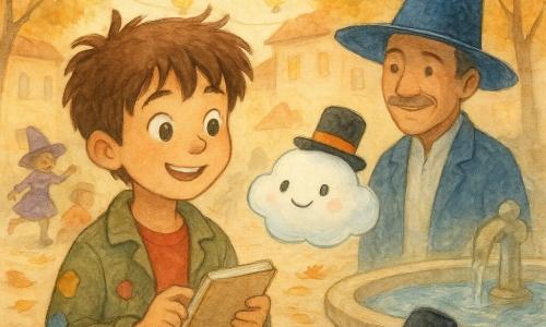 Un niño de 10 años, Tomás, con cabello castaño despeinado y ojos curiosos, sostiene un pequeño cuaderno. Tiene una sonrisa maravillada y lleva una chaqueta con parches coloridos. A su lado, una pequeña nube llamada Nieblita flota suavemente, con un diminuto sombrero negro con cinta naranja, pareciendo alegre. Don Zafiro, un hombre de unos cincuenta años, está cerca de la fuente, con un gran sombrero azul brillante, y mira a Tomás con una sonrisa amable. La escena se desarrolla en una plaza de pueblo animada, iluminada por linternas colgantes, con calabazas talladas y niños disfrazados corriendo alrededor. La situación principal muestra a Tomás y Nieblita encontrando el pequeño sombrero cerca de la fuente, rodeados de hojas otoñales y reflejos en el agua.