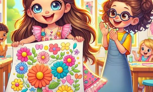 Al centro dell'immagine, una ragazza di 8 anni di nome Ludovica, con lunghi capelli castani e occhi brillanti, indossa un bel vestito rosa decorato con motivi di farfalle. Sorride entusiasta, tenendo un grande disegno colorato di fiori e farfalle tra le mani, pronta a mostrarlo ai suoi amici. Alla sua destra, un'altra ragazza di 8 anni, Sara, con capelli ricci e occhiali, applaude gioiosamente, indossando una maglietta gialla brillante e una gonna blu. Sta saltando sul posto, piena di energia ed eccitazione. Lo sfondo è un'aula luminosa, con pareti decorate con disegni di bambini e finestre che lasciano entrare la luce del sole, illuminando i tavoli di legno dove altri bambini sono seduti, ridendo e giocando. La scena principale mostra Ludovica e Sara che condividono la loro gioia durante un'attività artistica, circondate dai loro compagni, tutti uniti nell'entusiasmo del ritorno a scuola, creando un momento di amicizia e felicità.