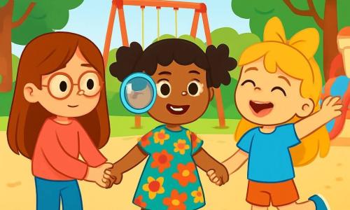 Há 3 personagens: - Sofia: uma menina de 8 anos com cabelos longos e castanhos e óculos redondos. Ela usa um suéter rosa e um jeans azul, está em pé, um pouco afastada, com uma expressão tímida no rosto, observando os outros. - Lara: uma menina de 8 anos com cabelos negros muito cacheados, presos em dois rabos de cavalo. Ela usa um vestido colorido com flores e tênis brancos, está no centro, sorridente, segurando uma lupa de plástico, pronta para explorar. - Inès: uma menina de 8 anos com cabelos loiros e um grande laço amarelo na cabeça. Ela usa uma camiseta azul e um short, está ao lado de Lara, rindo e levantando os braços como se anunciasse uma grande descoberta. O local é um pátio de escola ensolarado, cercado por grandes árvores verdes. Há balanços e tobogãs coloridos ao fundo, e o chão é coberto de areia e pequenas pedras. Desenhos de giz decoram o chão, adicionando cor ao ambiente. A situação principal mostra as três amigas brincando juntas, formando um círculo. Sofia, embora tímida, começa a sorrir segurando a mão de Lara. Inès, cheia de energia, faz um gesto no ar, como se anunciasse uma nova aventura. A atmosfera é alegre e amigável, ilustrando o tema da amizade e da coragem diante dos medos.