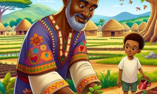 In the foreground, Kofi, a man in his fifties, stands with a determined and kind expression on his face. He has warm brown skin, graying curly hair, and wears a colorful tunic adorned with African patterns. He is planting seeds in the fertile soil, his hands immersed in the earth, symbolizing hope and rebirth. Beside him, Tunde, a boy of about ten, watches with bright, admiring eyes. He has light brown skin, short curly hair, and wears a simple t-shirt and shorts. He holds a small watering can, ready to help Kofi grow the seeds. In the background, the village of Kijani spreads out with clay houses and thatched roofs, surrounded by lush fields as far as the eye can see. Majestic trees, like baobabs, stand proudly while colorful birds fly in the blue sky. The scene depicts Kofi and Tunde planting seeds together, symbolizing the union between generations and respect for nature, under a sunny sky that promises new life for their village.