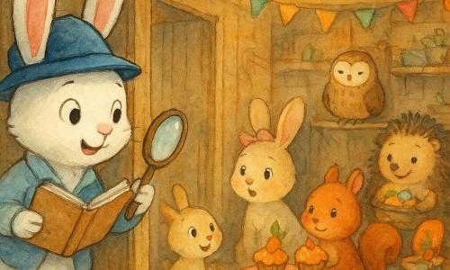 Benny, a white detective rabbit with a slightly askew blue hat, curious smile, magnifying glass and notebook, gently opens the door of a warm wooden community shed to discover a joyful secret meeting: his sister Bella, a beige rabbit with a pink ribbon, crouched behind him looking surprised and delighted; two red-tailed squirrels, Nutty and Chippy, holding carrot-decorated cupcakes; and other friendly animals — a hedgehog bookseller with a basket of shiny stones and an owl on a shelf — all decorating for a carrot-themed party under lantern garlands, warm colors and soft watercolor textures.