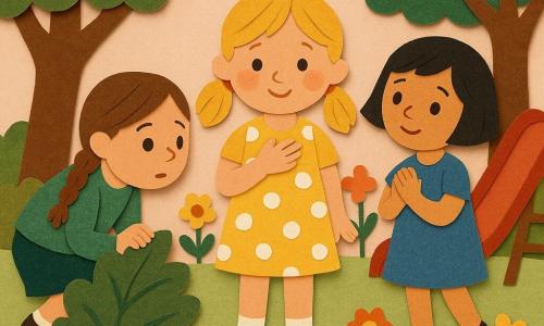 Three 7-year-old girls in a small afternoon park: center girl with blonde pigtails in a yellow polka-dot dress, hand on her chest, shyly admitting she made up the imaginary unicorn; left girl with brown braids in a green sweater crouched by a bush, curious; right girl with short black hair in a blue dress standing on tiptoe by a shiny red slide, hands clasped, reassuring; textured paper-collage style with green torn-paper grass, layered leafy trees, simple colorful flowers, pale pink sunset sky, warm contrasting colors and clear, readable expressions and gestures.