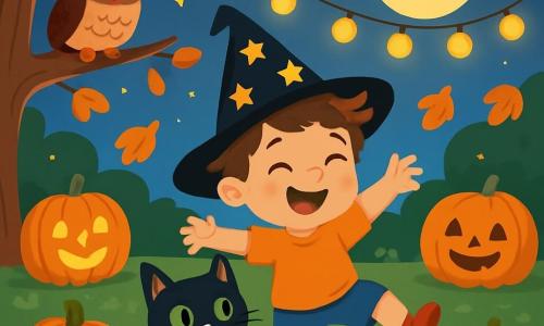 Um menino de 4 anos, Lucas, com cabelos castanhos bagunçados e um grande sorriso alegre, usa um chapéu de bruxo preto decorado com estrelas douradas. Ele dança entusiasticamente no meio de seu jardim decorado com várias abóboras sorridentes e luzes. Ao seu lado, um adorável gato preto chamado Biscoito, com grandes olhos verdes brilhantes, se esfrega em suas pernas, parecendo tão animado quanto Lucas. Mais longe, em um galho de árvore, está Dona Coruja, uma coruja sábia com penas marrons e brancas, que observa a cena com um olhar benevolente. O jardim é iluminado pela suave luz da lua, com folhas de outono coloridas caindo suavemente ao redor deles. A cena principal mostra Lucas e seus amigos celebrando o Halloween, rindo e dançando sob as estrelas, cercados por uma atmosfera festiva e mágica.