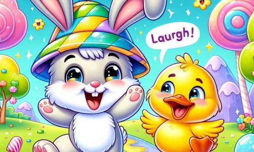 An illustration depicts a small rabbit with large ears and soft fur, expressing bright joy. It wears a shiny, funny hat that seems to wiggle and jumps on a jelly path, laughing heartily. Next to it, a duck with yellow feathers and an orange beak, sporting a mischievous smile, flaps its wings in laughter, floating slightly above the ground due to excitement. The main setting is a fantastical world called Giggle Land, where trees are made of colorful candies and clouds resemble fluffy marshmallows, all under a bright blue sky dotted with sparkling stars. The main scene shows the rabbit and the duck having fun together, as the rabbit uses its magic hat to make a river of cotton candy laugh joyfully, creating splashes of pastel colors around them. Other graphic elements include shimmering cotton candy rivers under the sun, giant candies in the background, and bursts of laughter represented by colorful speech bubbles floating around the characters.
