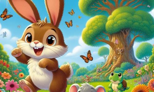 Hoppel, ein kleiner Hase mit großen Ohren und einem weichen, braunen Fell, steht im Mittelpunkt des Bildes, seine Augen strahlen vor Aufregung, während er ein kleines Stück Papier in seinen Pfoten hält. Er springt fröhlich, sein breites Lächeln zeigt seine Begeisterung für das bevorstehende Abenteuer. Neben ihm schaut Mimi, eine kleine graue Maus mit funkelnden Augen und einem langen Schwanz, neugierig auf dasselbe Papier, ihre kleinen Pfoten in die Luft gehoben. Tilly, eine grüne Schildkröte mit schüchternem Blick, steht etwas weiter hinten und beobachtet mit einer Mischung aus Besorgnis und Begeisterung, während Felix, ein grüner Frosch mit einem Detektivhut, sich nach vorne lehnt und konzentriert aussieht, als würde er über den nächsten Schritt ihrer Ermittlung nachdenken. Die Szenerie ist ein bunter Garten, gefüllt mit leuchtenden Blumen und großen Bäumen, mit einer majestätischen alten Eiche im Hintergrund, deren Äste sich weit ausbreiten. Die Sonne scheint am hellblauen Himmel, und Schmetterlinge fliegen um die Freunde herum. Die Hauptsituation zeigt Hoppel und seine Freunde, die einen geheimnisvollen Hinweis auf einem Stück Papier entdecken, bereit, sich auf die Suche nach einem versteckten Schatz zu machen, ihre Gesichter erleuchtet von der Aufregung des bevorstehenden Abenteuers.