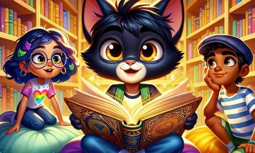 Leo, un niño pequeño con orejas puntiagudas y una larga cola azul, está sentado en un cojín suave en la sala de lectura de una biblioteca. Sus ojos dorados brillan de emoción y curiosidad mientras sostiene un libro antiguo abierto frente a él, rodeado de un resplandor dorado. Sofía, una niña de cabello rizado y gafas redondas, se inclina sobre su hombro con una sonrisa maravillada. Lleva una camiseta colorida y jeans, y sus manos están sobre el libro, lista para descubrir el secreto. Martín, un niño con pantalones cortos a rayas y gorra, está de pie a su lado con los brazos cruzados, mostrando una expresión de determinación y entusiasmo. La sala de lectura está llena de grandes estanterías de madera cargadas de libros de cubiertas coloridas. Alfombras suaves y cojines de diferentes formas están esparcidos por el suelo, creando una atmósfera cálida y acogedora. En esta escena, Leo, Sofía y Martín descubren un libro antiguo que brilla con una luz mágica, revelando un secreto cautivador que los lleva a una nueva aventura.