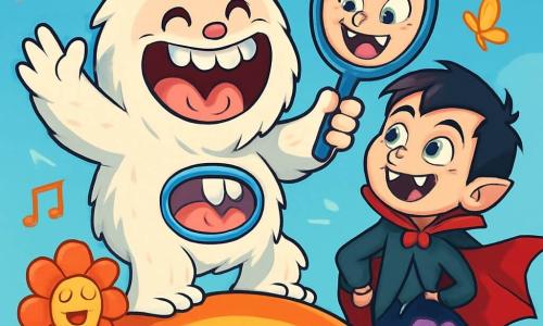 Un yeti alegre y esponjoso, con pelaje blanco y ojos chispeantes de travesura, se encuentra en la cima de un arco iris de caramelo, riendo a carcajadas. Tiene una amplia sonrisa que muestra sus grandes dientes blancos y mejillas rosadas. A su lado, un vampiro de cabello negro y ojos verdes, de unos 10 años, con una capa roja que ondea al viento, mira al yeti con una mezcla de asombro y diversión. Están rodeados de flores coloridas que cantan y mariposas luminosas que bailan a su alrededor. El cielo es de un azul brillante, salpicado de nubes en forma de caramelos. La escena principal muestra al yeti y al vampiro riendo juntos, tratando de atrapar un espejo mágico que deforma sus rostros, creando un ambiente lleno de alegría y camaradería.