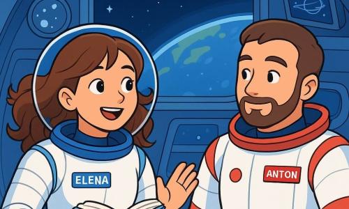 O astronaută pe nume Elena plutește într-un modul spațial, cu un zâmbet plin de curiozitate. Poartă un costum spațial alb cu accente de albastru, iar părul ei castaniu flutură în jur ca algele în apă. Ține o carte deschisă, citind cu entuziasm. Lângă ea, un astronaut pe nume Anton, cu părul scurt și barbă bine întreținută, o ascultă cu admirație, zâmbind. El poartă un costum similar, dar cu detalii roșii, și o privește cu interes. Modulul spațial are pereți metalici și feronerie panoramică care oferă o vedere spectaculoasă asupra Pământului și a stelelor. Instrumente științifice și ecrane plutesc în jur, creând o atmosferă de descoperire. Elena împărtășește cunoștințe despre viața în spațiu, captivându-l pe colegul ei cu povești despre gravitație și gustul alimentelor în microgravitație, în timp ce lumina stelelor le luminează aventura.