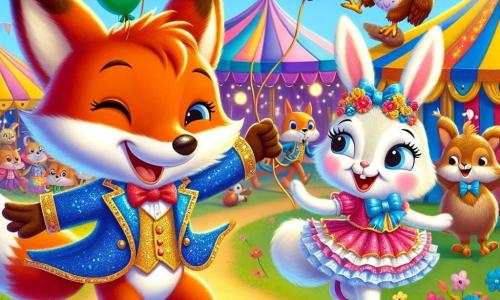 Freddy the Fox, a small fox with bright orange fur and a bushy tail, is wearing a sparkling blue and gold costume. He jumps for joy, his face radiating excitement and happiness as he discovers the carnival. Next to him is Bella the Bunny, an adorable bunny with big ears and white fur, wearing a frilly pink dress. She laughs joyfully, her eyes sparkling with mischief, while holding a colorful balloon. Oliver the Owl, with his brown feathers and big round eyes, floats slightly above them, a small smile on his beak, observing the scene with curiosity. The carnival takes place in an enchanted clearing filled with colorful tents, twinkling lights, and fun games. Animals of all kinds dance and have fun, creating a festive and joyful atmosphere. The main scene shows Freddy, Bella, and Oliver having fun together in the middle of the carnival, surrounded by bright decorations and laughter, ready to join the parade that is about to start.